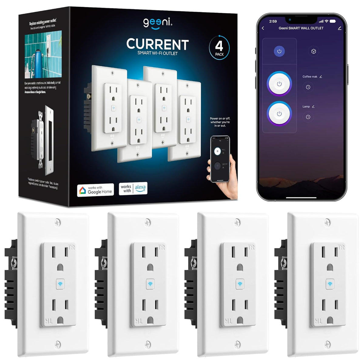 Smart Wi-Fi in-Wall Outlet, Tamper & Fire Resistant, White, 4-Pack | 2 Smart outlets per plug, compatible with Alexa