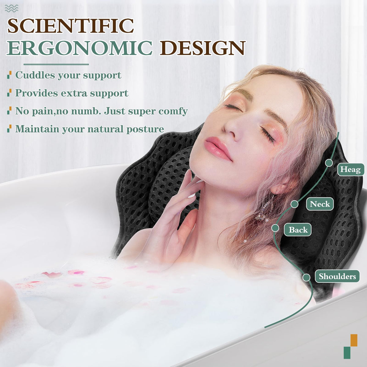 Bath Pillow RUVINCE Ergonomic Luxury Bathtub Pillow with Head,Neck, Shoulder and Back Support, 4D Bath Pillows for