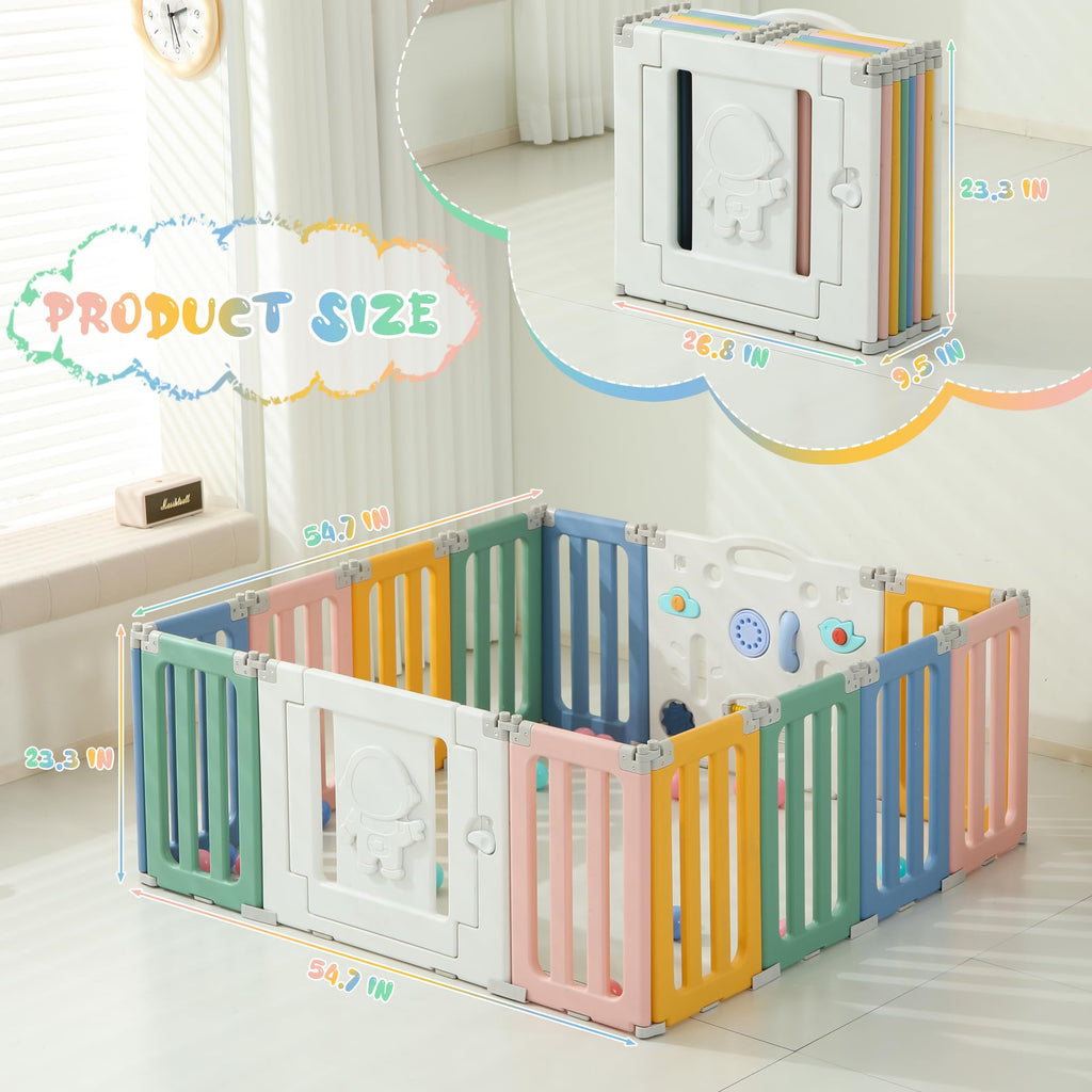 14-Panel Modular Foldable Baby Playpen & Safety Activity Yard (Astronaut Edition) with Locking Walk-Through Gate for Infants & Toddlers