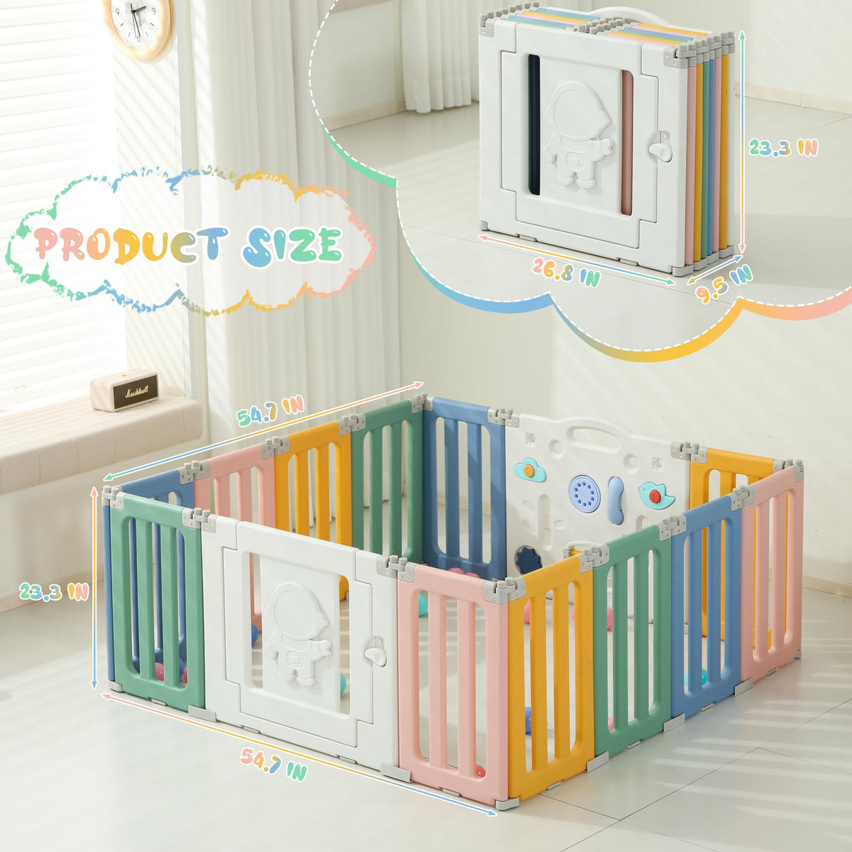 14-Panel Modular Foldable Baby Playpen & Safety Activity Yard (Astronaut Edition) with Locking Walk-Through Gate for Infants & Toddlers