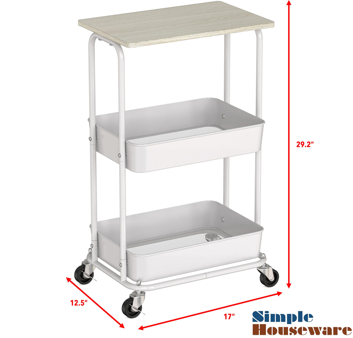 2-Tier Rolling Utility Cart Wood Top/Lockable Wheel, Maple