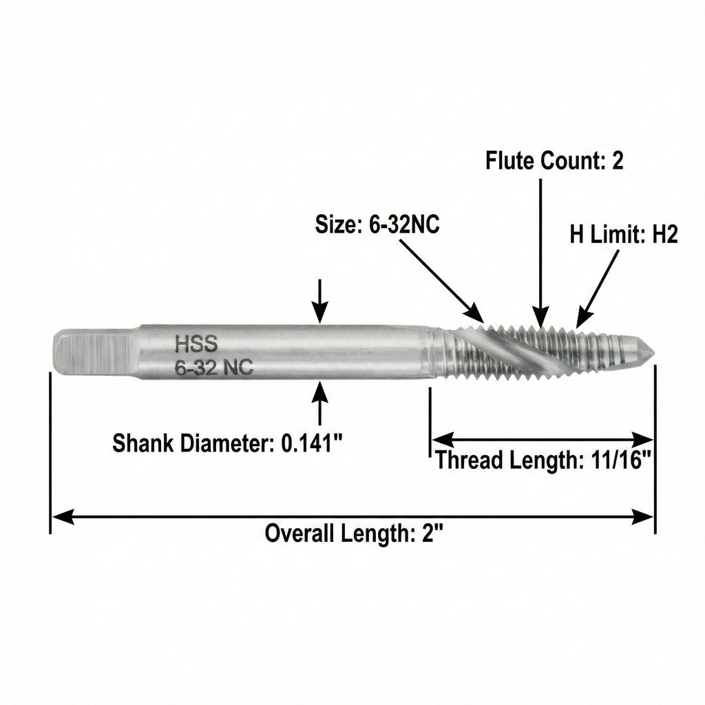 Accusize Industrial Tools 10 Pc 6-32Nc, 2 Flute, H.S.S. Spiral Point Taps, A.N.S.I. Standard, Ground, Spt-6-32x10
