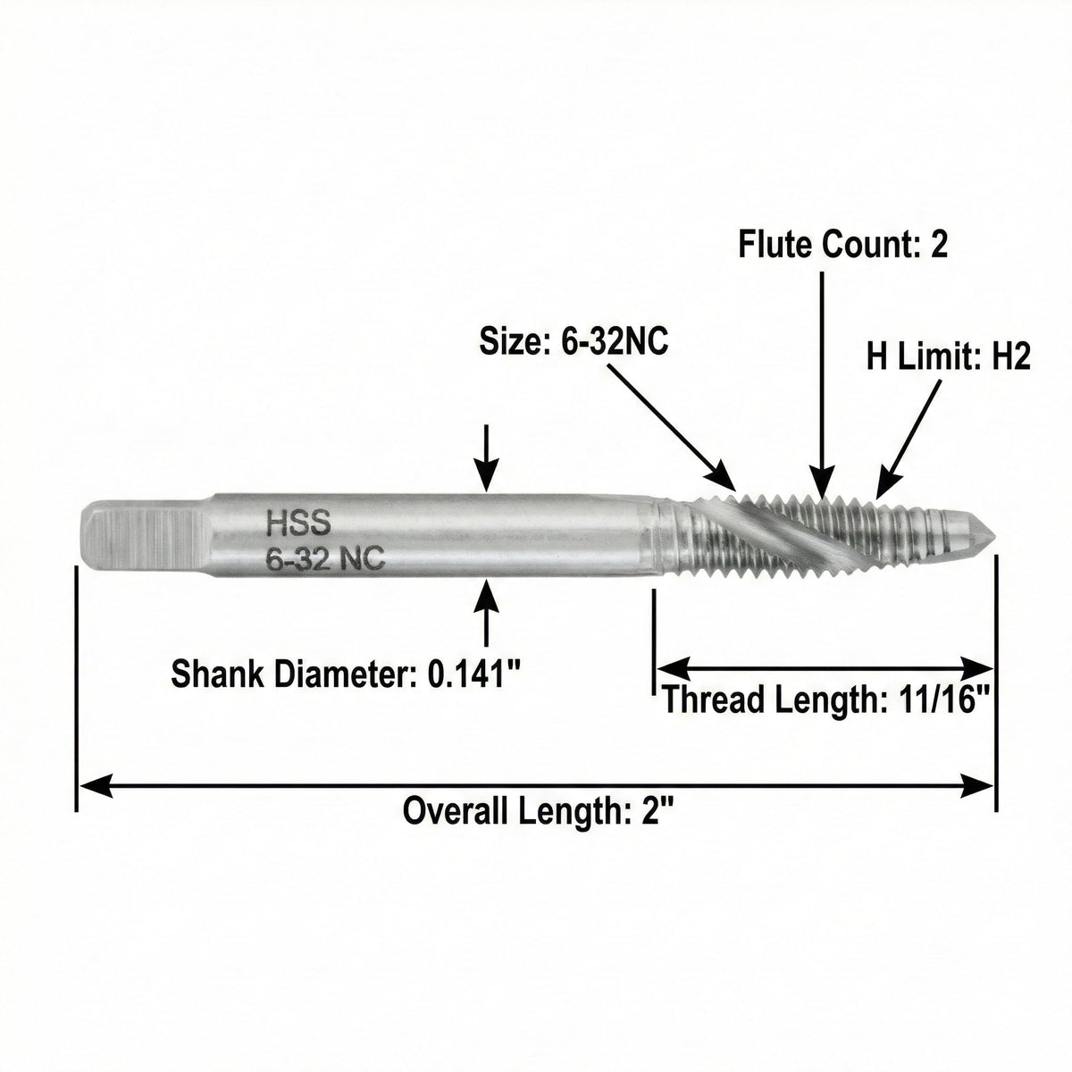 Accusize Industrial Tools 10 Pc 6-32Nc, 2 Flute, H.S.S. Spiral Point Taps, A.N.S.I. Standard, Ground, Spt-6-32x10