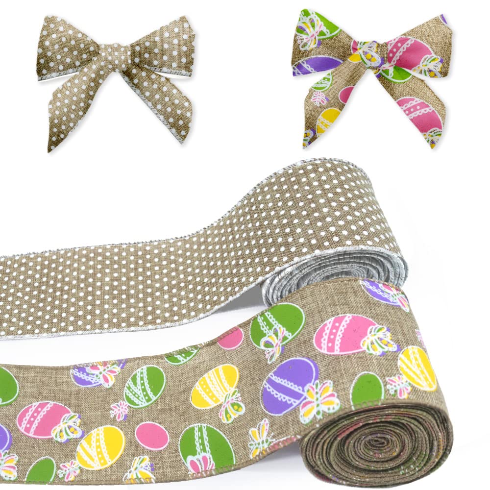 2 Rolls 10 Yards Easter Wired Edge Ribbon, 2.5inch Flaxen Natural Dots Burlap Ribbon Bows for Wreath, Colorful Eggs