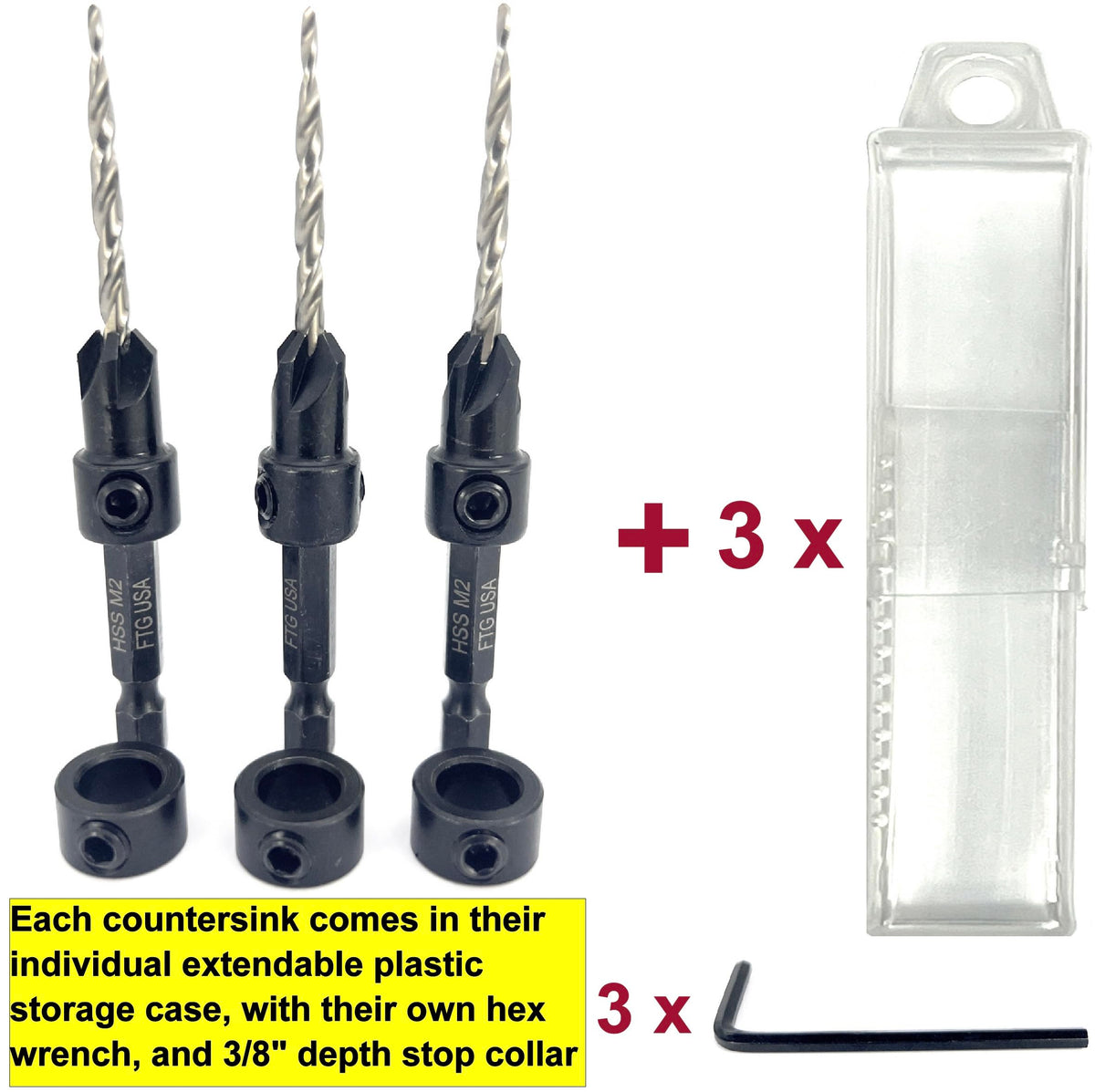FTG USA 3 Pc #6 (9/64") Countersink Drill Bit Set with Tapered Drill Bits