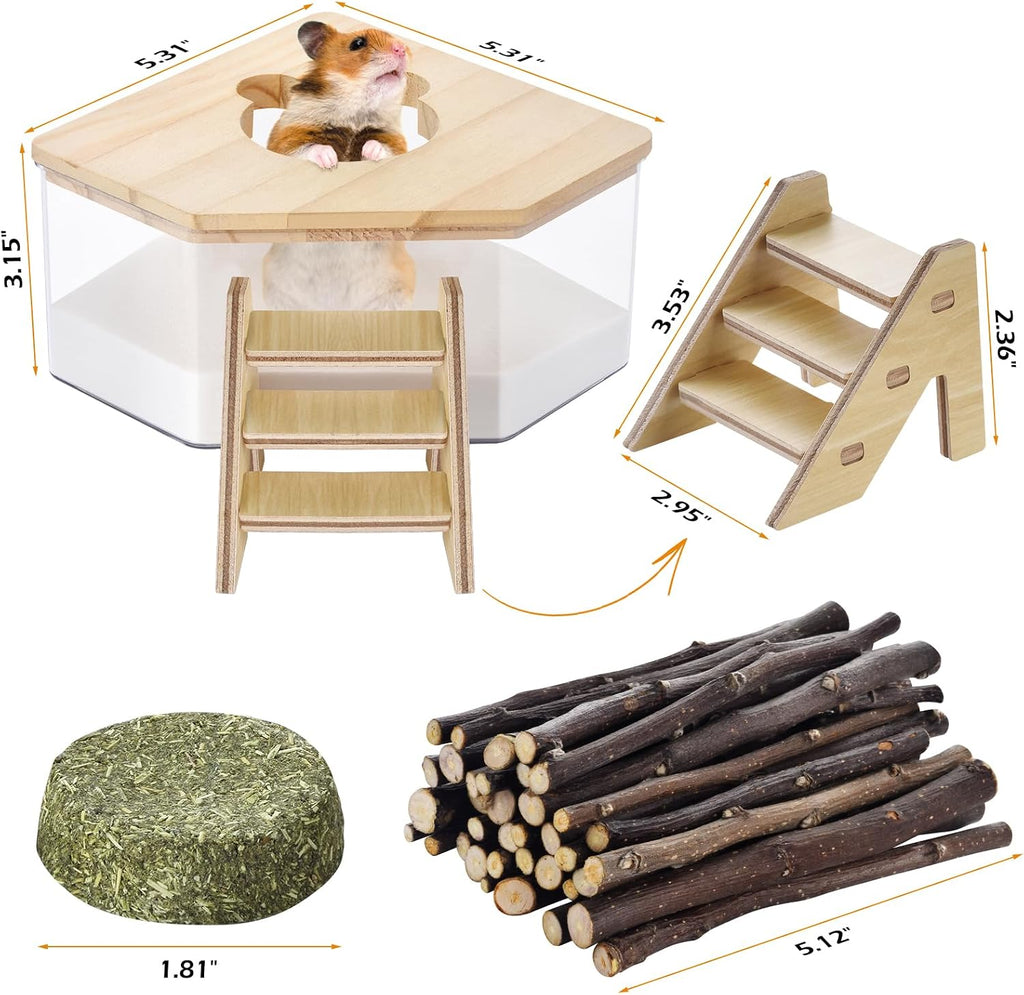 Hamster Sand Bath Box， 6 in1 Hamster dust Bath Food Grinding Set
