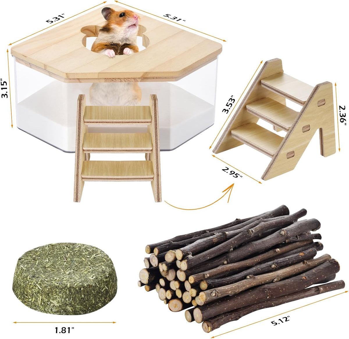 Hamster Sand Bath Box， 6 in1 Hamster dust Bath Food Grinding Set