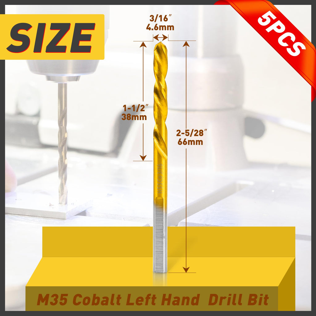 5PCS 3/16" M35 Cobalt Left Hand Drill Bits Set