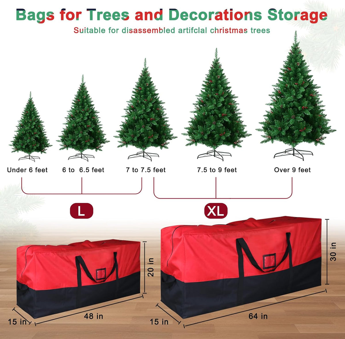 Christmas Tree Storage Bag, 7.5 ft, 600D Oxford, Black Red | Tree Bag, 600D Oxford Fabric, Waterproof Lining
