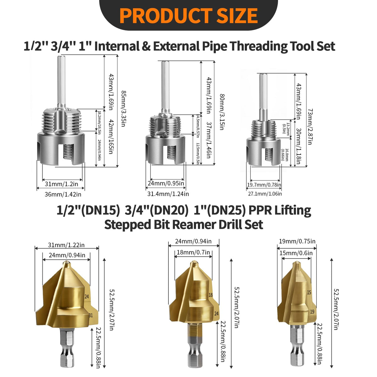 6PCS Internal & External PVC Pipe Threader and Reaming Tool Kit for 1/2" & 3/4"& 1" Plastic Pipes, Drill Compatible Pipe Thread Cutting Tool with Reaming Bit Set for Plumbing Projects and Home Repairs