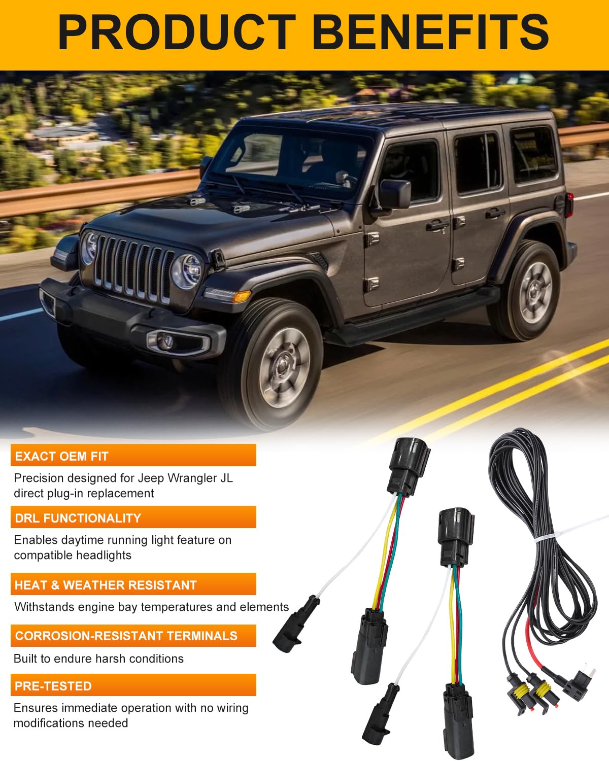 Headlight DRL Adapter Harness Kit Compatible with Jeep Wrangler JL 2018 2019 2020 2021 2022 Adapter W/DRL 4th Wire Harness [Plug N Play]