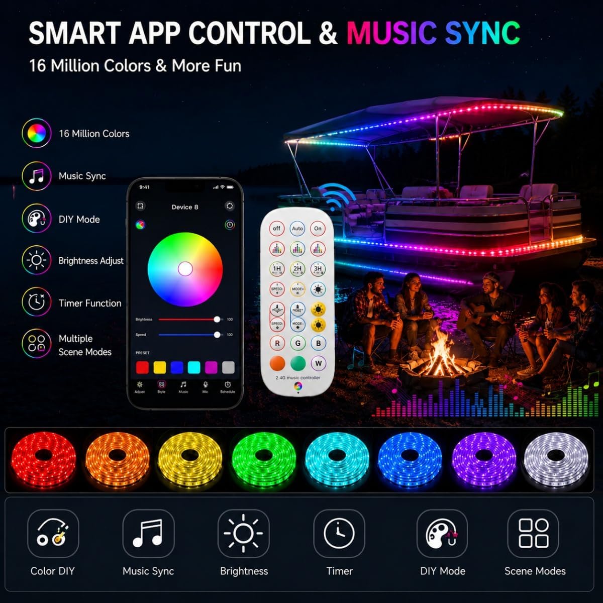 100FT LED Boat Lights, 12V RGB Marine Pontoon Led Strip Lights with APP & Remote, IP67 Waterproof Boat Interior Exterior Light with Extension Cable for Pontoon, Night Fishing, Gunnel, Deck, RV