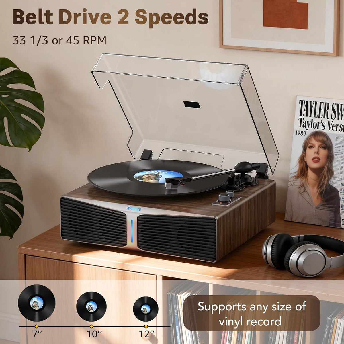 Vinyl Record Player with Built-in Speakers, Bluetooth 5.4 Input Turntable for Vinyl Records, Magnetic Cartridge