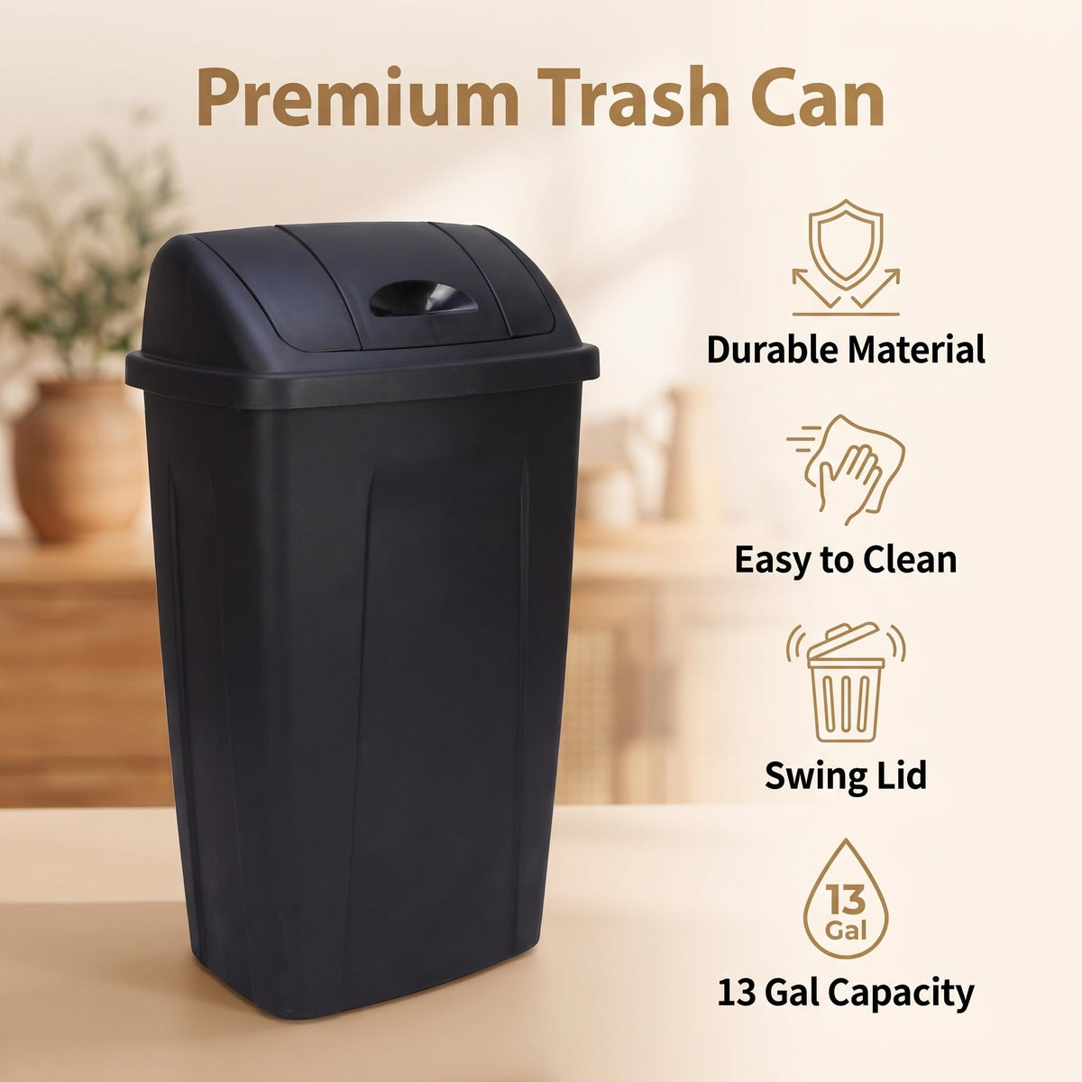 13 Gallon Trash Can with Swing Lid, Plastic Garbage Bin for Kitchen Black