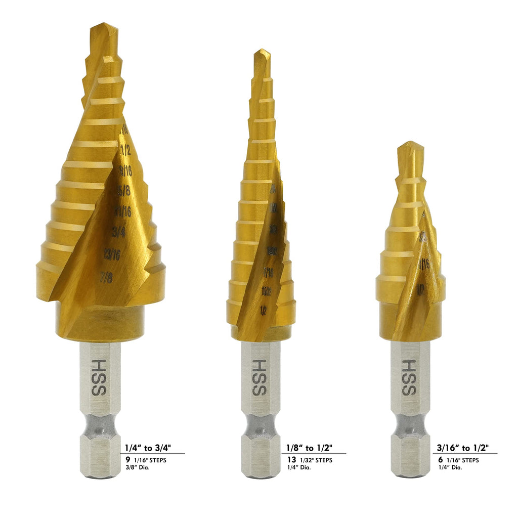 GMTOOLS Step Drill Bit Set, 3 Pcs Titanium High Speed Steel Unibit Drill Bits, Stepped Up Bits for Sheet Metal, DIY Lovers with Aluminum Case, Total 28 Sizes for Multiple Hole