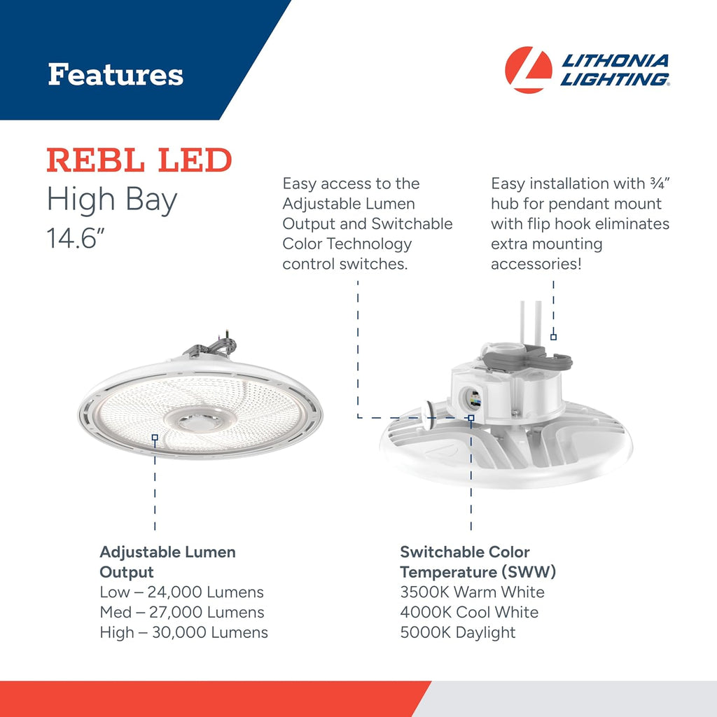 Lithonia Lighting Round High Bay LED Light Adjustable Lumens, 3-in-1 CCT