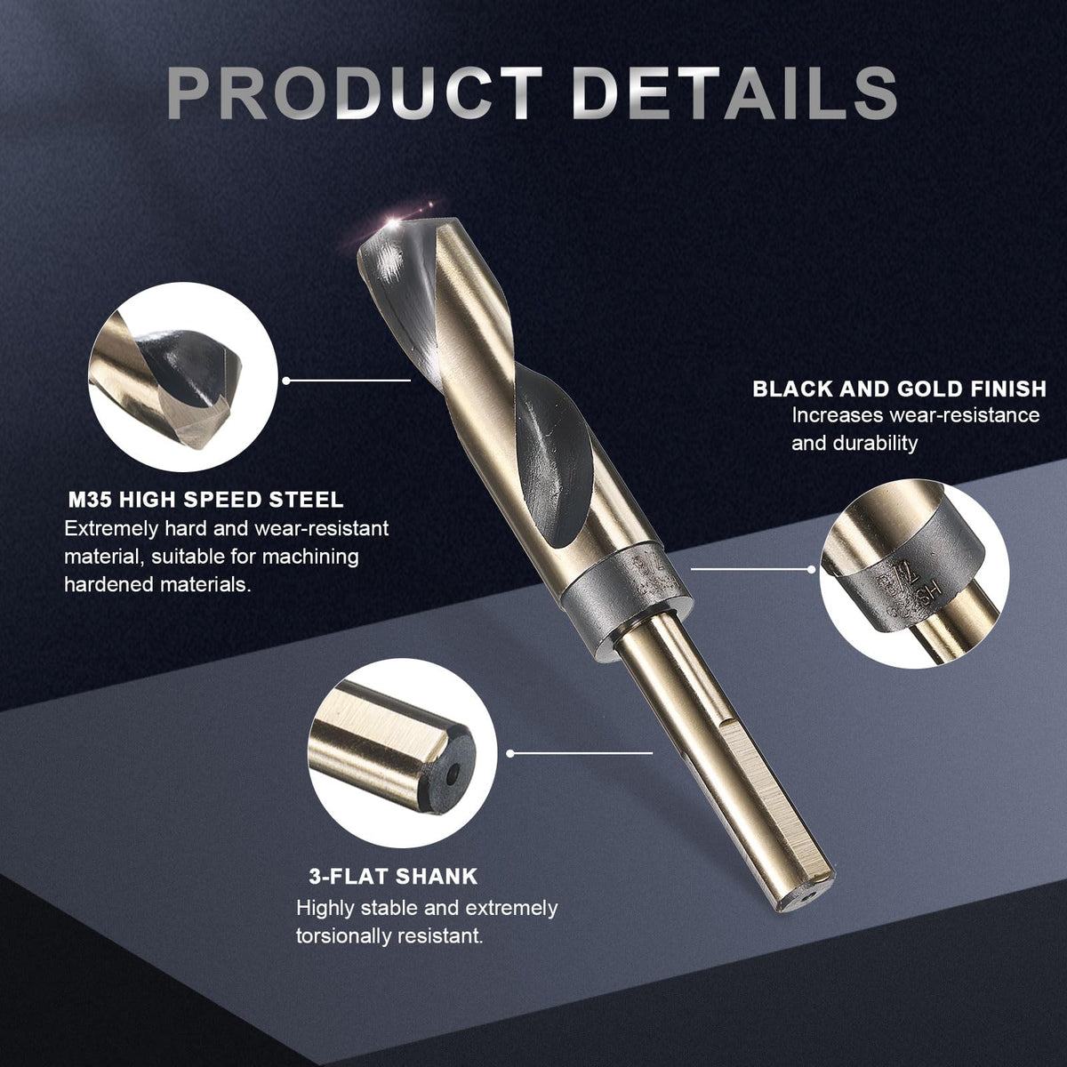 uxcell 7/8" Drill Bit 1/2" Reduced Shank 3-Flat M35 5% Cobalt HSS