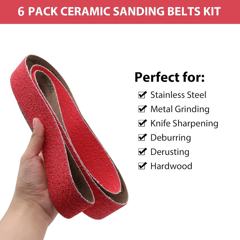 6 Pack 2 x 72 inch Metal Grinding Belts Ceramic Sand Belts (36/40/60/80/100/120 Grit) Advanced Belt Sanders for Woodworking Metal Grinding Belt,Used for Sharpening, Sanding, Knife Making