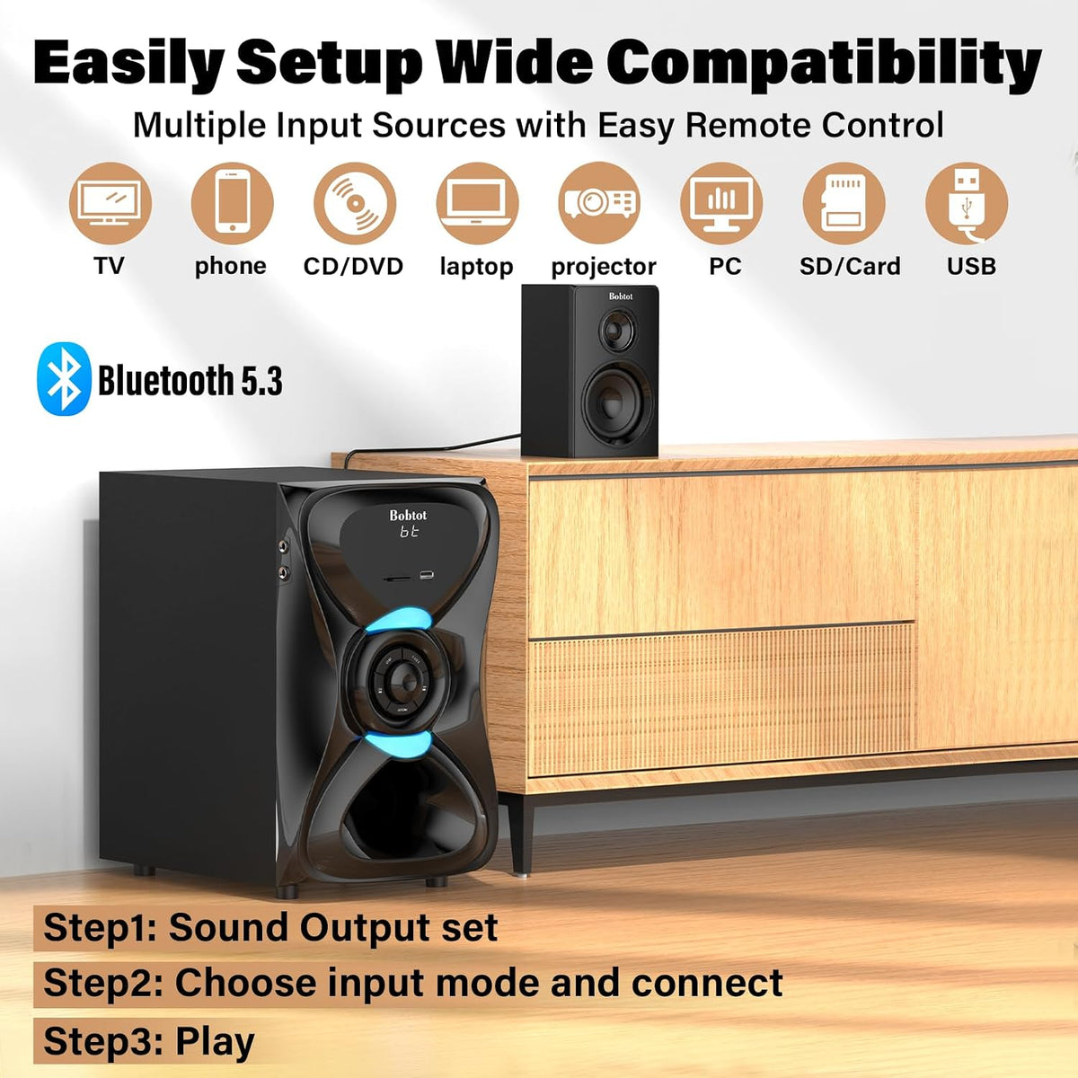 5.1 Home Theater Sound System Wireless Rear Satellite Speakers | 1000W Peak Punchy Bass 8 inch Subwoofer Surround