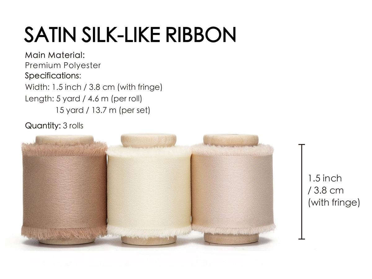 Silk Satin Ribbon 1-1/2 inch x 15 Yard with Wooden Spool Champagne & Nude Handmade Frayed Ribbons for Gift Wrapping