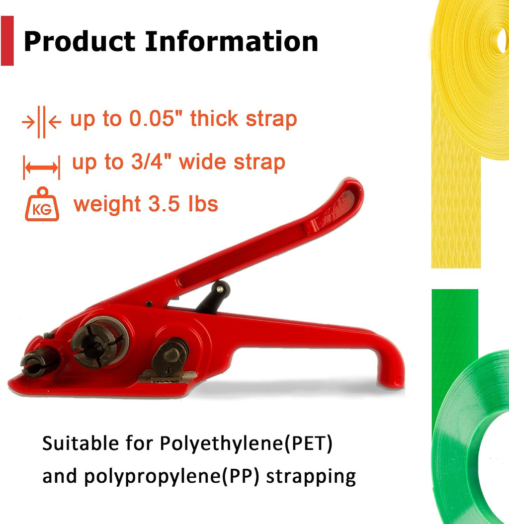 Heavy Duty Poly Strapping Tensioner with Cutter - Manual Strap Tool for 1/2"-3/4" PET & PP Strap, Durable Tensioner