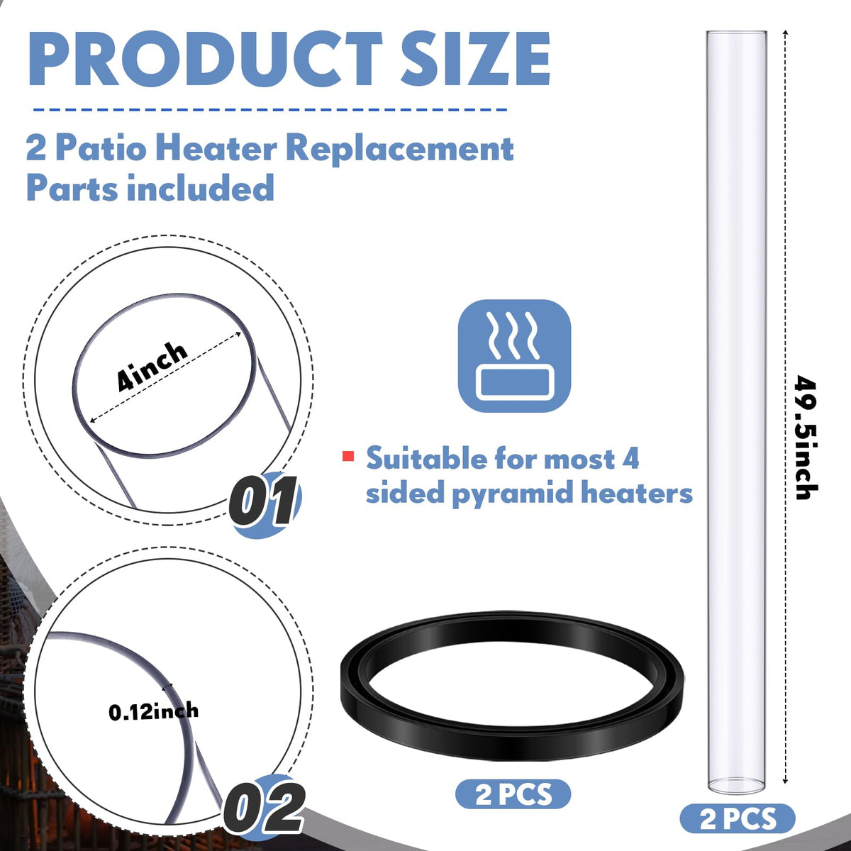 2 Pcs Quartz Glass Tube for Patio Heater 49.5 X 4 Inch Clear