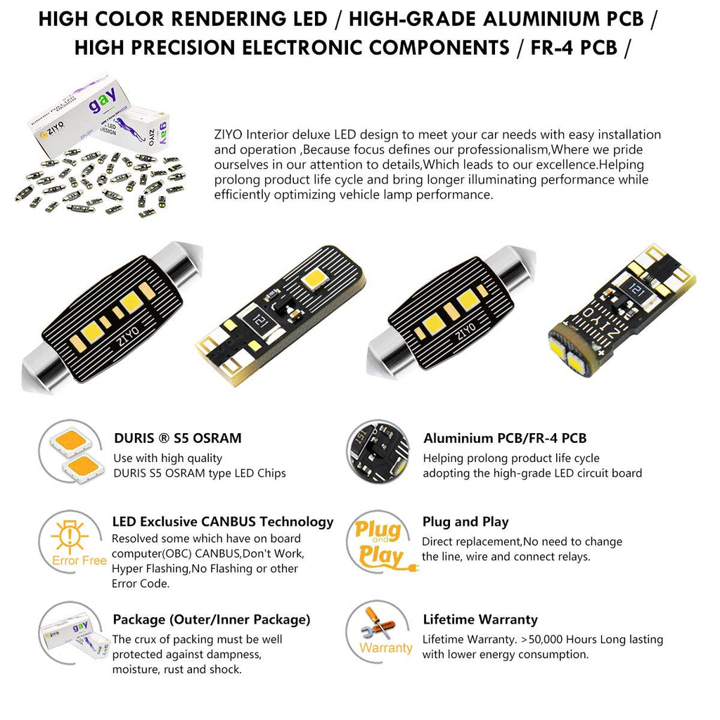 ZIYOLIGHT - PL1843A Replacement for Toyota Highlander Kluger 2007-2014 LED Interior Light kit, 6000K White Dome Lights Accessories Package + License Plate Light Bulbs Upgrade (13 Bulbs)