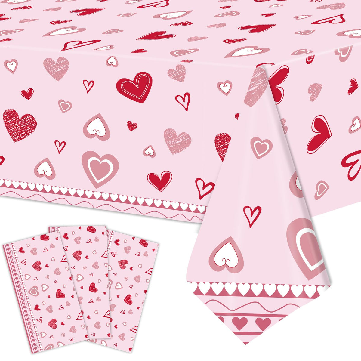 3 Pieces Valentine’s Day Hearts Plastic Tablecloth – 54x108 Inch Pink and Red Disposable Love Table Covers for