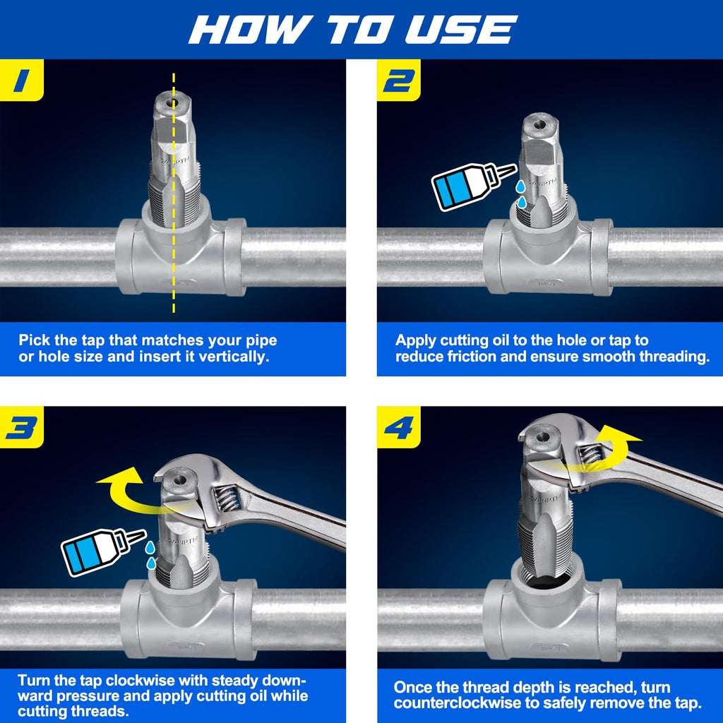Toolwiz 6Pcs NPT Pipe Tap Set, 1", 3/4", 1/2", 3/8", 1/4", 1/8"