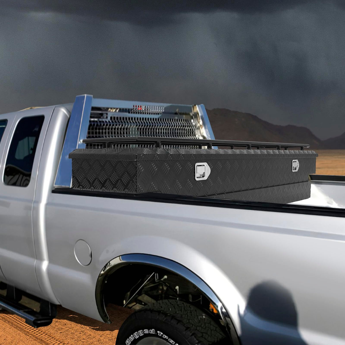 Crossover Tool Box 63"x20"x15" Waterproof Lockable Aluminum Black Truck Storage Box with Luggage rack For