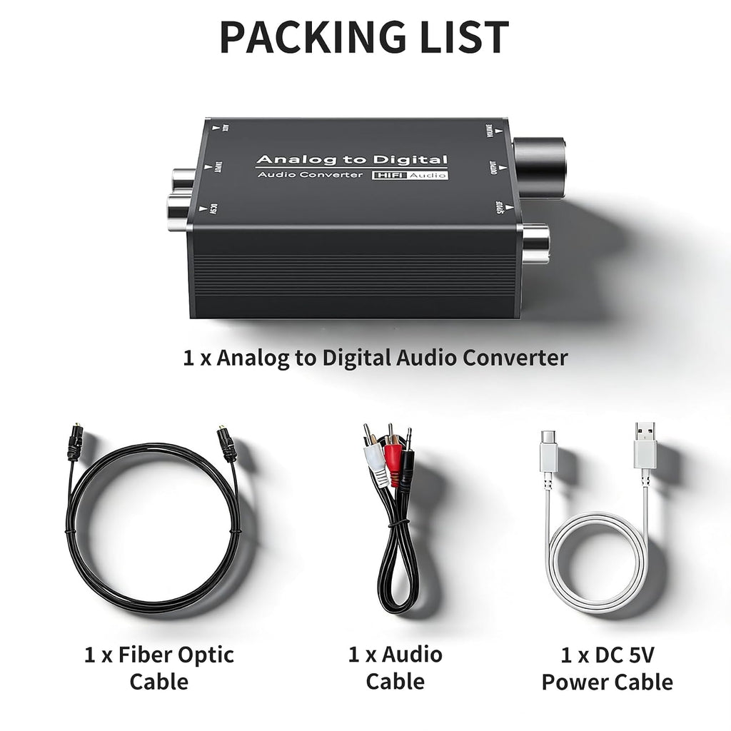 Analog to Digital Audio Converter, RCA to Optical | 3.5mm AUX Jack Toslink, Coaxial Adapter, Adjustable Volume, w/