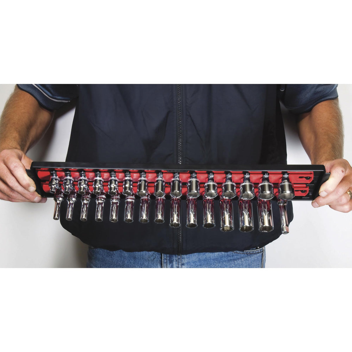 18-Inch Socket Boss 2-Rail 1/2-Inch-Drive Socket Organizer with Twist Lock Secure Hold and Toolbox Drawer Tray, Red