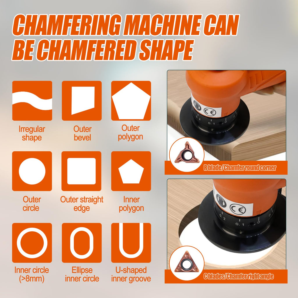 2 in 1 Mini Pneumatic Chamfering Machine, 45° Arc Corner Beveling Trimming Deburring Machine 30000RPM Handheld Chamfering Air Chamfer Tool with 1/4 Inch Air Inlet (R Angle Blades,Orange)