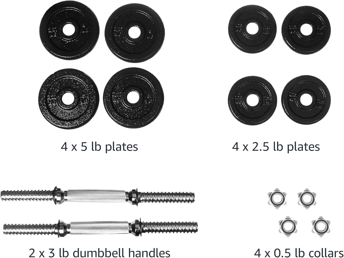Adjustable Dumbbell Hand Weight Set with Storage Case, Portable, Secure, 38 Pounds, Black