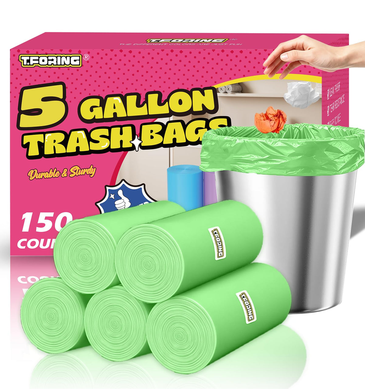 Small 5 Gallon Trash Bags Unscented, 0.94 Mil, Green, 150 Count