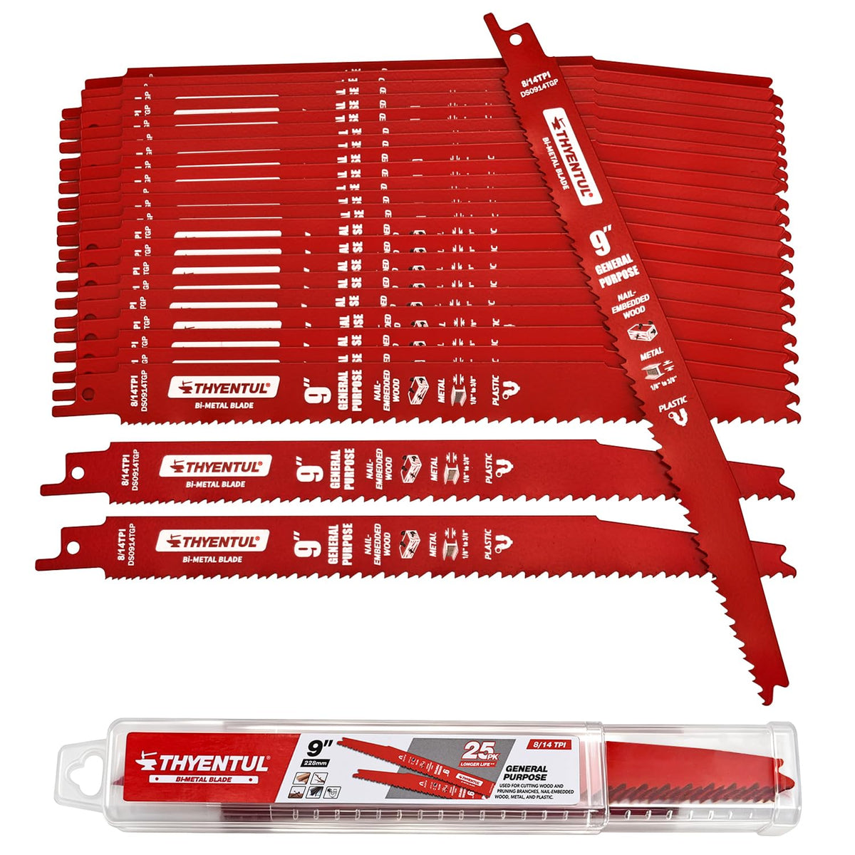 25 Pack 9 Inch 8/14 TPI Reciprocating Saw Blades, Multi-Purpose Bi-Metal Sawzall Blades for Wood & Nail-Embedded Wood,Metal Cutting for 1/8"-3/8" Medium Metals,Compatible with Diablo Sawzall Blade