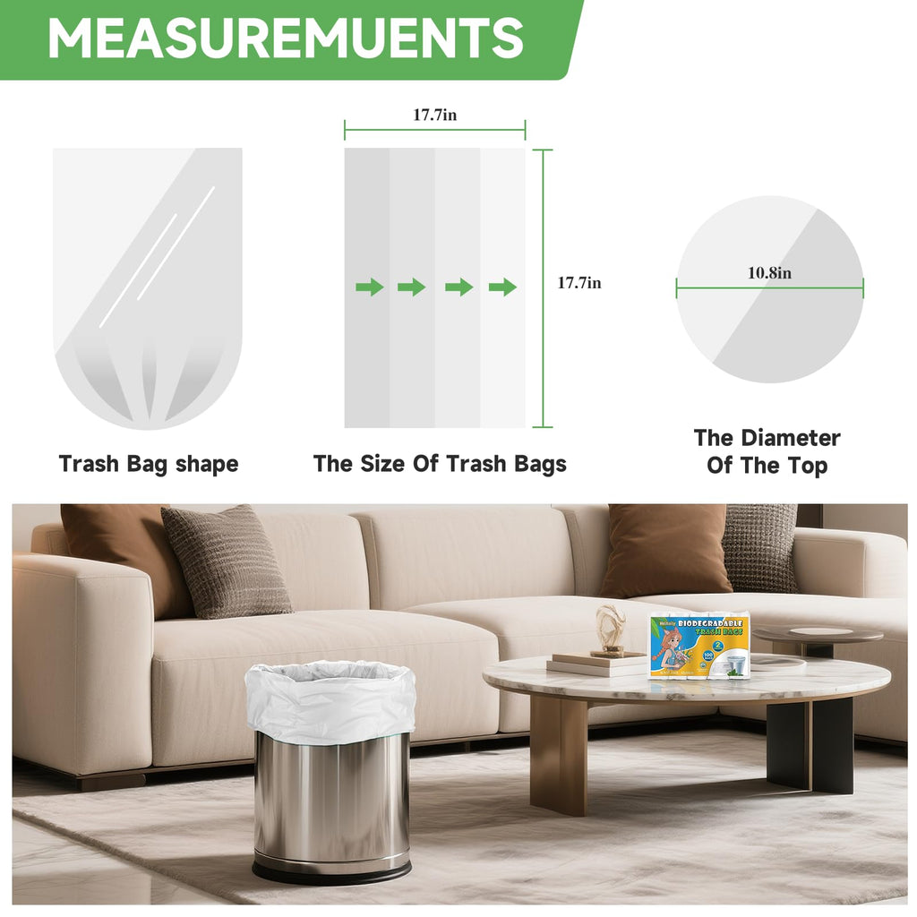 Small Compostable Trash Bags 2.6 Gallon - 100 Count Unscented Biodegradable Garbage Bag Bulk Clear White Durable