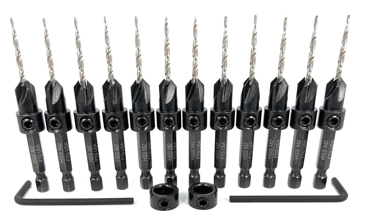 FTG USA 12 Pc #4 (7/64") Countersink Drill Bit Set with Tapered Drill Bits