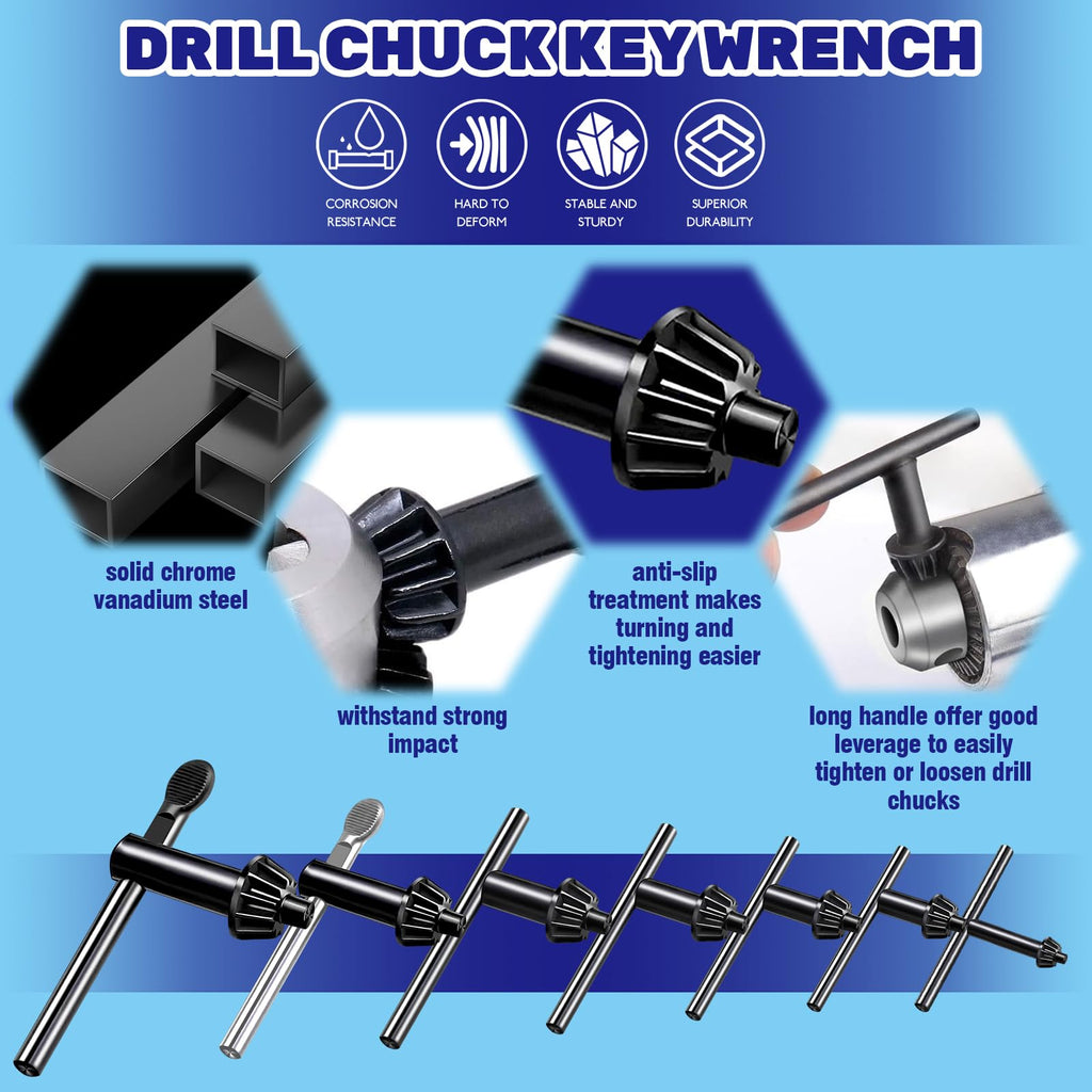 Waltool 8Pcs Universal 4 in 1 Drill Chuck Key Wrench and 3/4" 5/8" 1/2" 3/8" 1/4" 5/32" T-Handle Keyless Chuck Drill Press for Electric Drill Clamping Tool