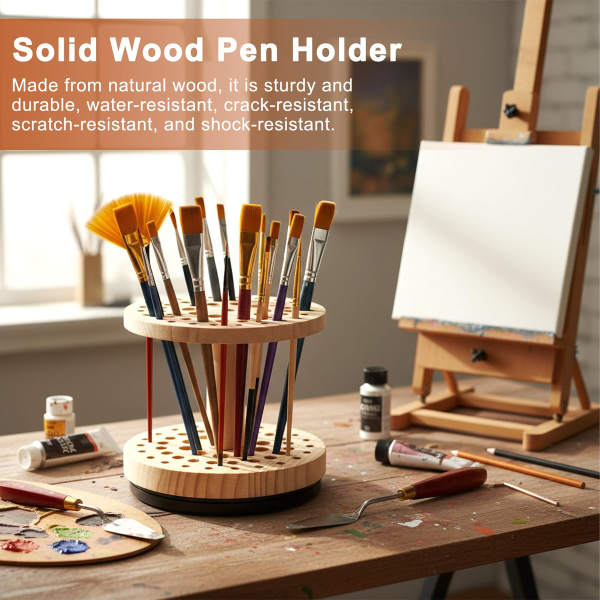 360° Rotating Brush Rack – 52-Hole Hardwood Stand for Crafts/Art/Makeup