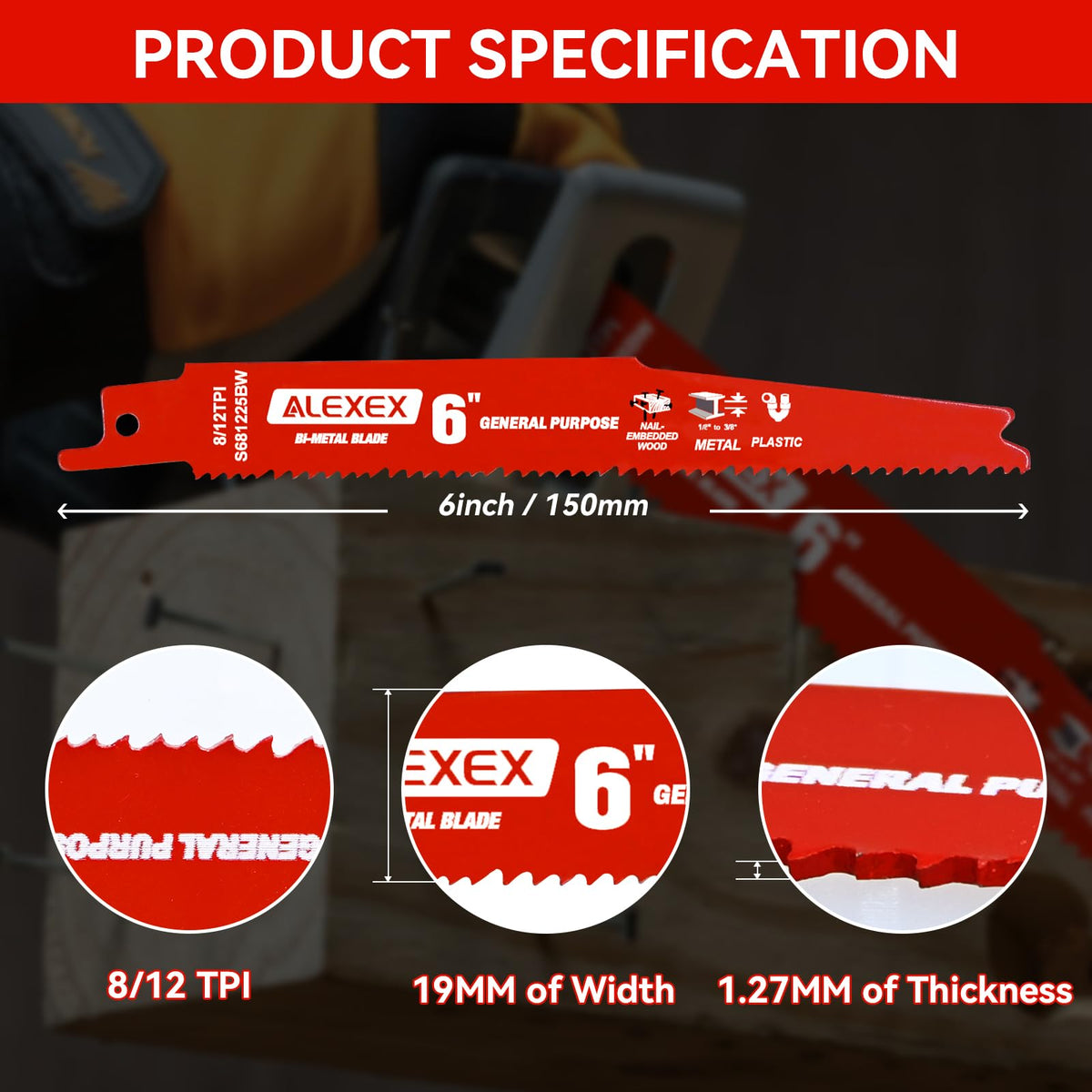 25 Pack 6Inch 8/12 TPI Reciprocating Saw Blades for Nail-Embedded Wood Demolition, Bi-Metal Blades for General Purpose Cuts, Wood Cutting, Metal and PVC Pallets, Compatible with Diablo Sawzall Blades