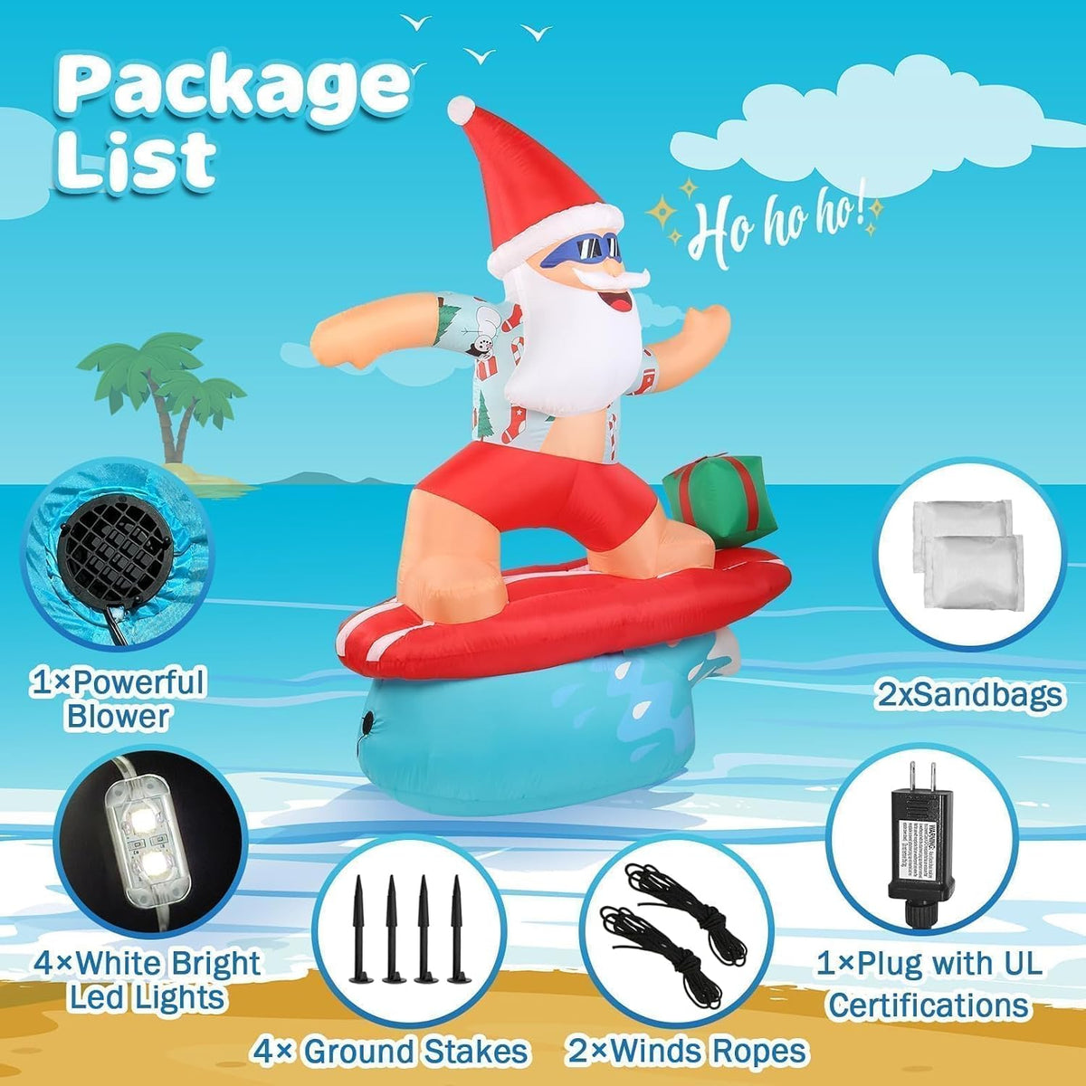 Christmas Inflatable Santa Claus Decorations Outdoor 6.5FT Hawaiian Surfing Giant Large Tall Funny Blow up Xmas Yard