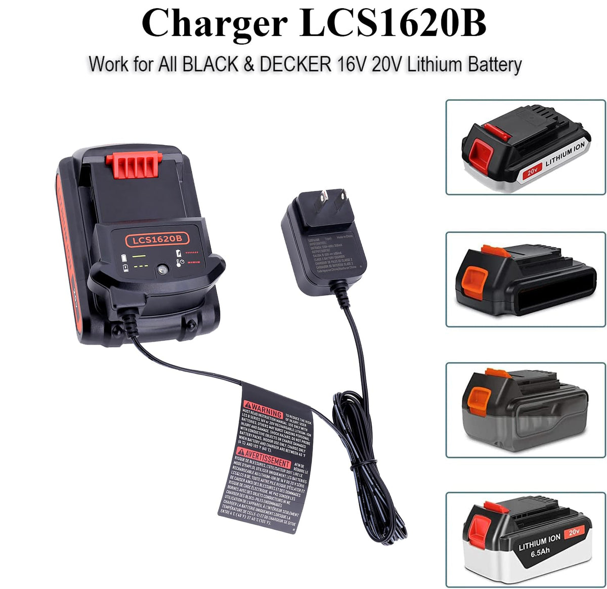 LCS1620B Replacement for Black and Decker 20V Lithium Battery Charger, Compatible with Black and Decker 12V and 20V