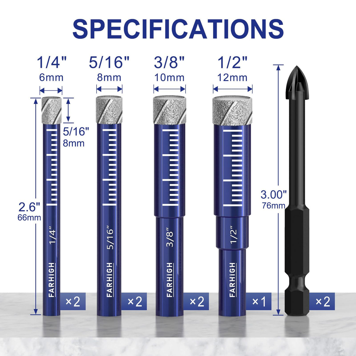 9 Pcs Diamond Drill Bit Set,1/4",5/16",3/8",1/2", Ceramic, Tile Drill Bits
