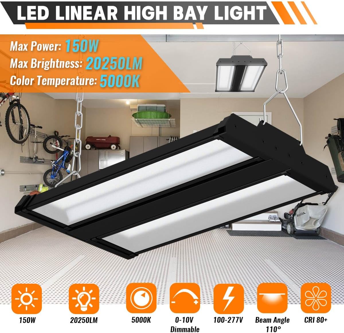 Allsmartlife LED Linear High Bay Shop Light 2-Pack, 150W 20250LM 0-10V Dimmable 5000K Daylight, Adjustable Tilt Hanging Black High Bay LED Shop Lighting Fixtures for Garage Warehouse Workshop ETL