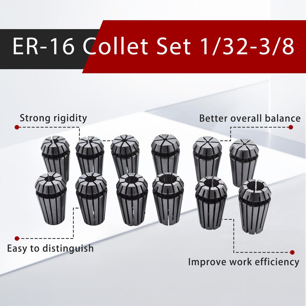 findmall ER-16 Collet Set 12Pcs 1/32-3/8 Inch