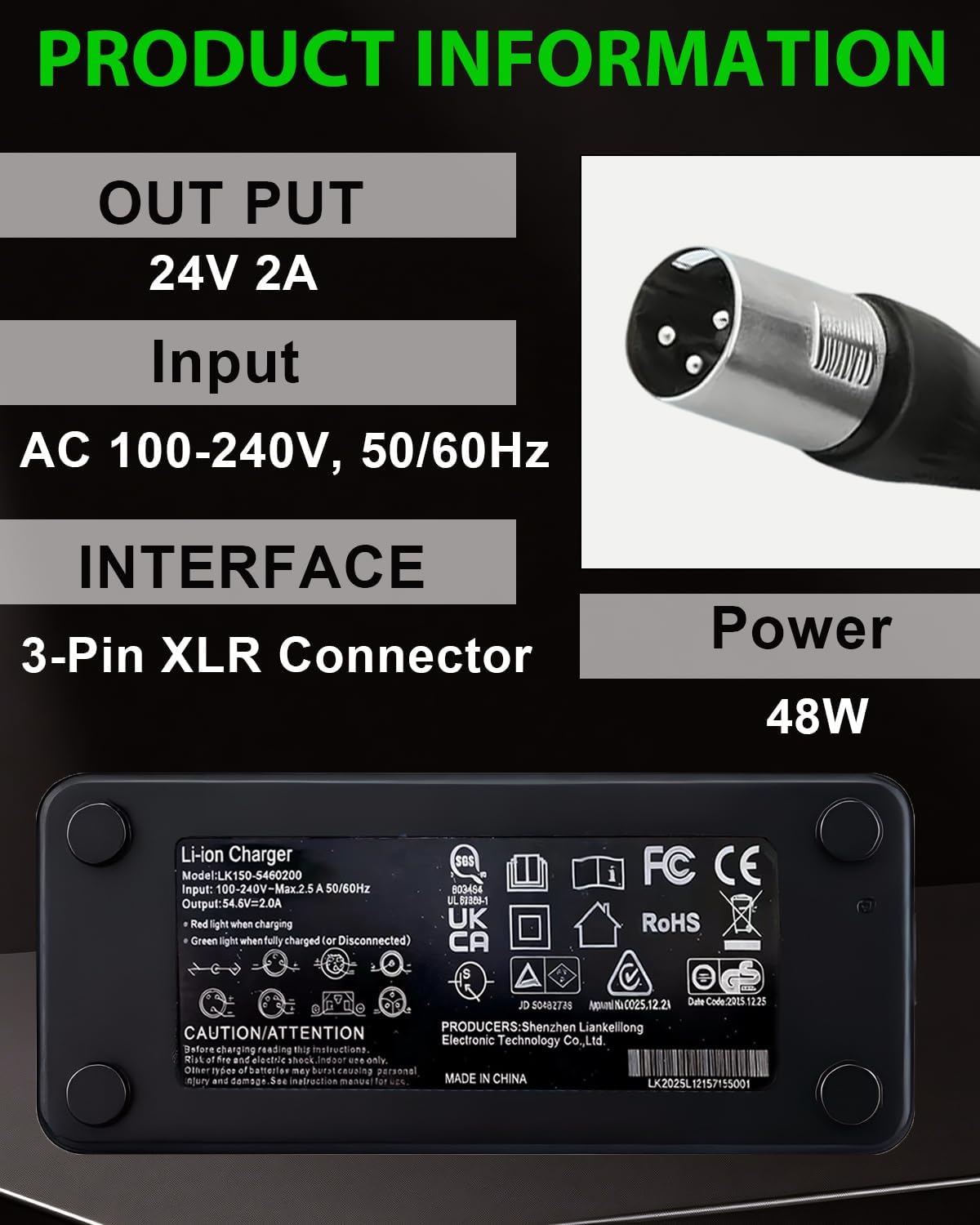 29.4V 5A 3-Pin XLR Lithium Battery Charger for Mobility Scooter,Power Chair, Compatible with Pride Mobility Go-Go, Jazzy, Shoprider, Golden Technologies, Drive Medical, Buzzaround, 24V Li-ion Battery