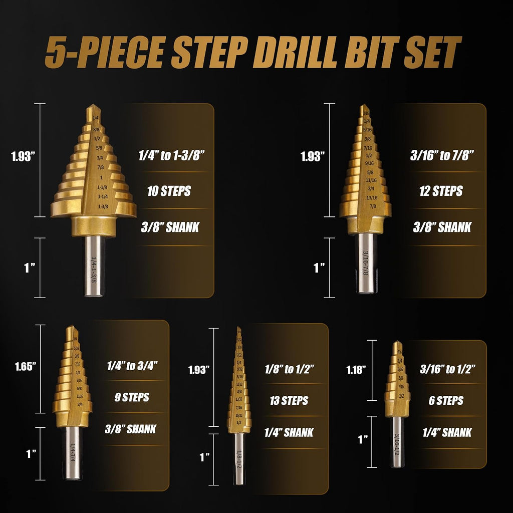 Step Drill Bit Set Unibit 5PCS,HSS Titanium Coated, 50 Sizes High Speed Steel for Metal, Sheet Metal, Plastic & Wood, with Automatic Center Punch & Aluminum Case
