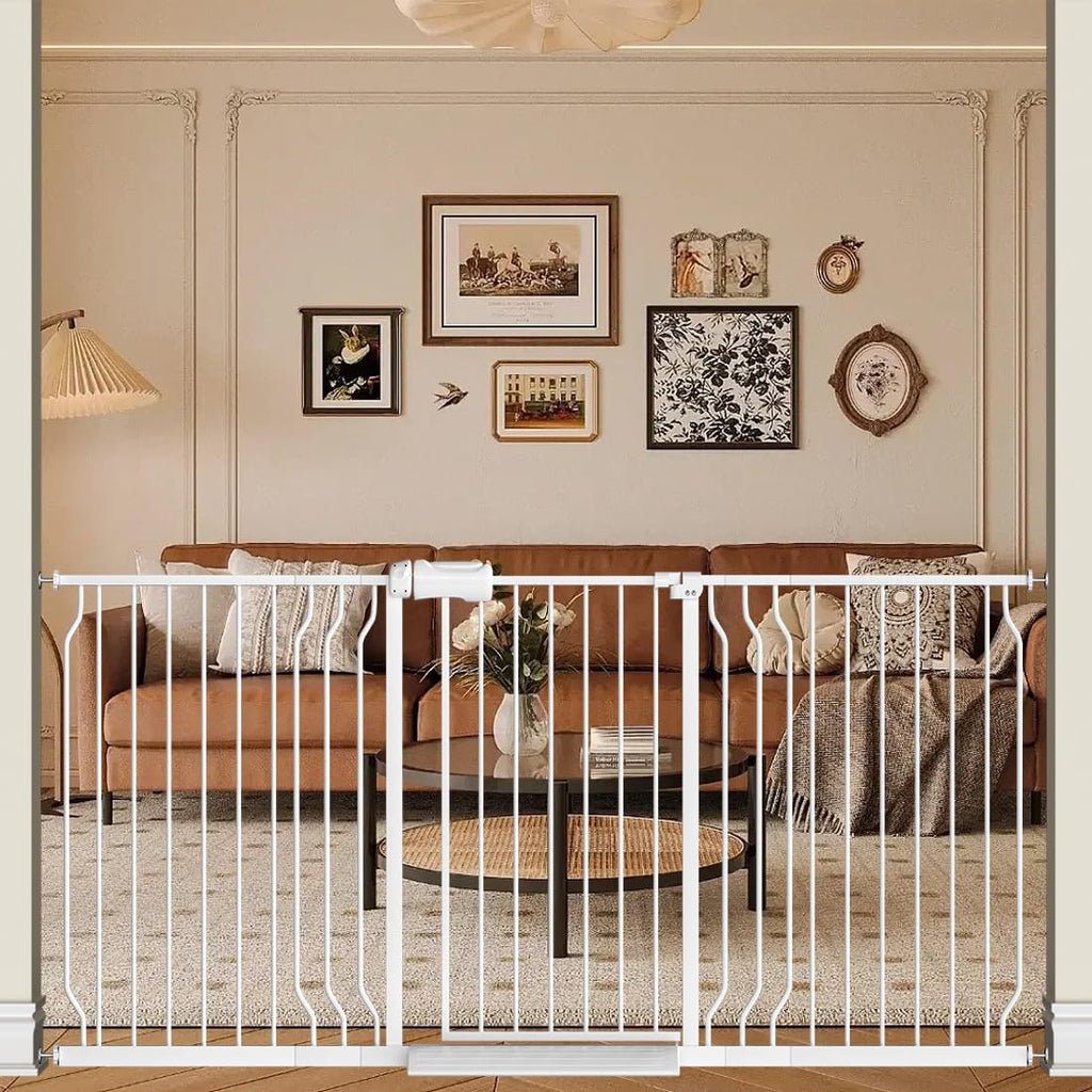62.2-71.65" Extra-Wide Adjustable Hardware/Pressure-Mounted Pet & Child Safety Gate with Dual-Lock Walk-Through Swing Door for Stairs, Hallways & Wide Doorways