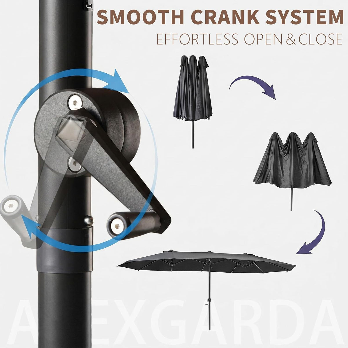 15FT Large Double Sided Patio Umbrella, Aluminum Crank and Heavy Duty Carbon Steel Ribs Outdoor Umbrellas, Fade